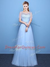 Spectacular Scoop Light Blue Short Sleeves Floor Length Beading Lace Up Homecoming Dress