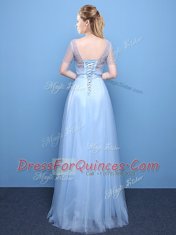 Spectacular Scoop Light Blue Short Sleeves Floor Length Beading Lace Up Homecoming Dress