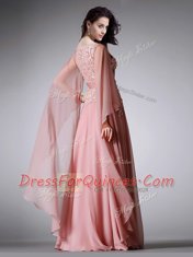 Scoop 3 4 Length Sleeve Zipper Floor Length Lace and Belt Prom Party Dress