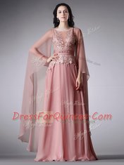 Scoop 3 4 Length Sleeve Zipper Floor Length Lace and Belt Prom Party Dress