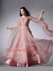 Scoop 3 4 Length Sleeve Zipper Floor Length Lace and Belt Prom Party Dress