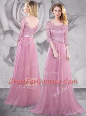 Luxury With Train Pink Prom Party Dress Scoop Half Sleeves Brush Train Lace Up