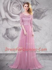 Luxury With Train Pink Prom Party Dress Scoop Half Sleeves Brush Train Lace Up