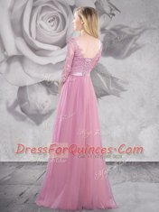 Luxury With Train Pink Prom Party Dress Scoop Half Sleeves Brush Train Lace Up