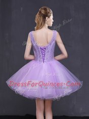 Lavender A-line Sleeveless Organza Mini Length Lace Up Lace and Appliques Prom Dress