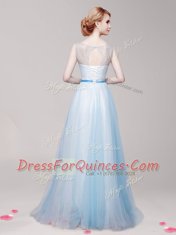 New Arrival Light Blue Scoop Lace Up Appliques and Bowknot Dress for Prom Sleeveless