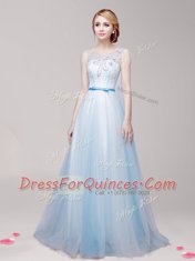New Arrival Light Blue Scoop Lace Up Appliques and Bowknot Dress for Prom Sleeveless
