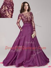 Dramatic Scoop Dark Purple Zipper Dress for Prom Beading Long Sleeves With Brush Train