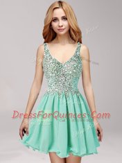 Stunning Apple Green Straps Neckline Beading and Ruffles Prom Gown Sleeveless Side Zipper