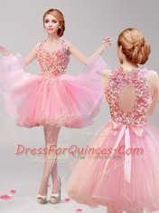 Sexy Halter Top Ruffles and Hand Made Flower Dress for Prom Pink Backless Sleeveless Mini Length