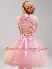 Sexy Halter Top Ruffles and Hand Made Flower Dress for Prom Pink Backless Sleeveless Mini Length