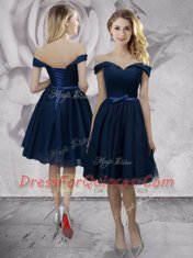 Navy Blue Empire Off The Shoulder Sleeveless Chiffon Knee Length Lace Up Bowknot Evening Dress