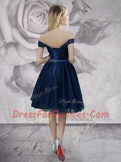 Navy Blue Empire Off The Shoulder Sleeveless Chiffon Knee Length Lace Up Bowknot Evening Dress