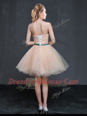 Customized Peach A-line Strapless Sleeveless Organza Mini Length Lace Up Appliques and Belt Dress for Prom