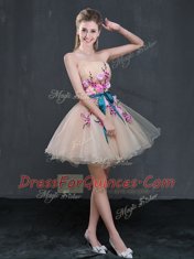 Customized Peach A-line Strapless Sleeveless Organza Mini Length Lace Up Appliques and Belt Dress for Prom