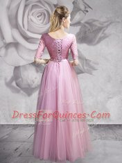 Customized Scoop Tulle Half Sleeves Floor Length and Lace and Ruching and Bowknot