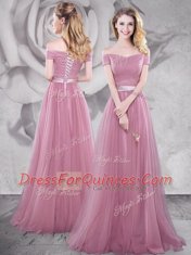 Pink Empire Tulle Off The Shoulder Short Sleeves Ruching and Belt With Train Lace Up Prom Dress Brush Train