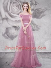 Pink Empire Tulle Off The Shoulder Short Sleeves Ruching and Belt With Train Lace Up Prom Dress Brush Train