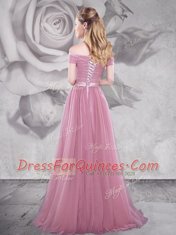 Pink Empire Tulle Off The Shoulder Short Sleeves Ruching and Belt With Train Lace Up Prom Dress Brush Train