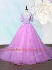 Fashion Scoop With Train Lilac Prom Dress Organza Court Train Half Sleeves Beading and Appliques