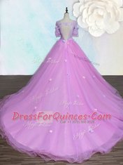 Fashion Scoop With Train Lilac Prom Dress Organza Court Train Half Sleeves Beading and Appliques