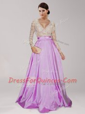 Long Sleeves Floor Length Zipper Prom Gown Lilac for Prom with Beading and Belt