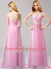 Artistic Rose Pink Empire Beading and Appliques Prom Dress Lace Up Tulle Sleeveless Floor Length