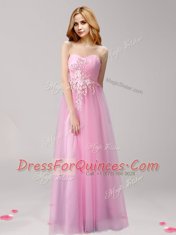 Artistic Rose Pink Empire Beading and Appliques Prom Dress Lace Up Tulle Sleeveless Floor Length