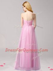 Artistic Rose Pink Empire Beading and Appliques Prom Dress Lace Up Tulle Sleeveless Floor Length