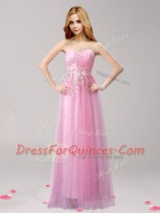 Artistic Rose Pink Empire Beading and Appliques Prom Dress Lace Up Tulle Sleeveless Floor Length