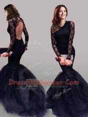 Fitting Mermaid Scoop Navy Blue Tulle Backless Evening Dress Long Sleeves With Brush Train Lace