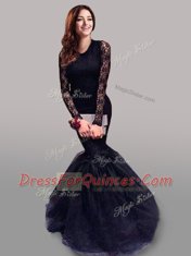 Fitting Mermaid Scoop Navy Blue Tulle Backless Evening Dress Long Sleeves With Brush Train Lace