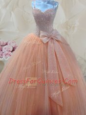 Beading and Bowknot Homecoming Dress Peach Lace Up Sleeveless Floor Length