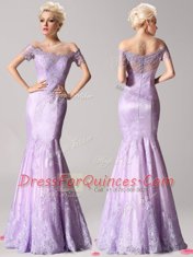 Low Price Mermaid Lavender Zipper Off The Shoulder Beading and Lace Evening Dress Lace Short Sleeves