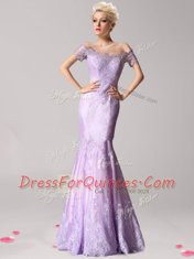 Low Price Mermaid Lavender Zipper Off The Shoulder Beading and Lace Evening Dress Lace Short Sleeves