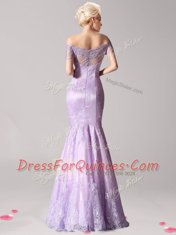 Low Price Mermaid Lavender Zipper Off The Shoulder Beading and Lace Evening Dress Lace Short Sleeves