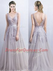 Elegant Grey Tulle Backless V-neck Sleeveless With Train Dress for Prom Brush Train Appliques and Belt