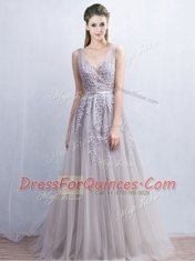 Elegant Grey Tulle Backless V-neck Sleeveless With Train Dress for Prom Brush Train Appliques and Belt