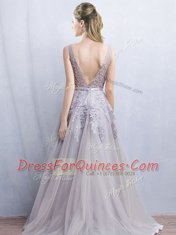Elegant Grey Tulle Backless V-neck Sleeveless With Train Dress for Prom Brush Train Appliques and Belt