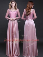 Pink Empire Appliques and Belt Prom Dresses Lace Up Elastic Woven Satin Long Sleeves Floor Length
