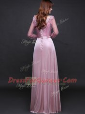 Pink Empire Appliques and Belt Prom Dresses Lace Up Elastic Woven Satin Long Sleeves Floor Length