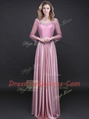 Pink Empire Appliques and Belt Prom Dresses Lace Up Elastic Woven Satin Long Sleeves Floor Length