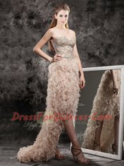 Champagne Zipper Prom Gown Appliques and Ruffles Sleeveless High Low