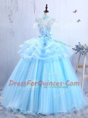 V-neck Short Sleeves Dress for Prom Floor Length Appliques and Ruffles Baby Blue Organza