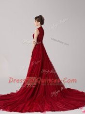 Admirable Straps Wine Red Tulle Side Zipper Prom Evening Gown Sleeveless Court Train Appliques