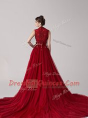 Admirable Straps Wine Red Tulle Side Zipper Prom Evening Gown Sleeveless Court Train Appliques