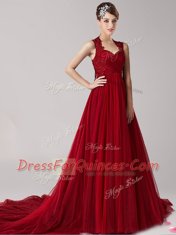Admirable Straps Wine Red Tulle Side Zipper Prom Evening Gown Sleeveless Court Train Appliques