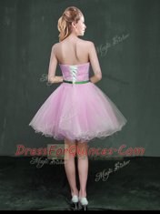 Lilac Sleeveless Mini Length Appliques and Belt Lace Up Prom Dress