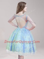 Scoop Backless Knee Length Light Blue Prom Gown Lace Sleeveless Beading