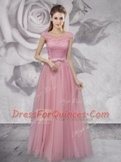 Luxury Scoop Cap Sleeves Lace Up Prom Dresses Pink Tulle